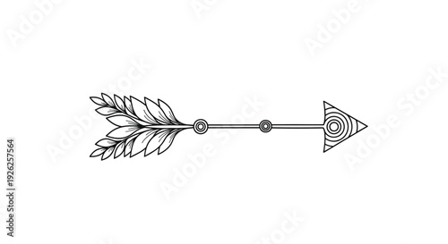 Detailed black and white line art of a decorative tribal arrow with feather fletching and geometric patterns on the shaft.
