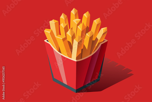 Crispy golden french fries in red container on bold red background with dramatic shadows