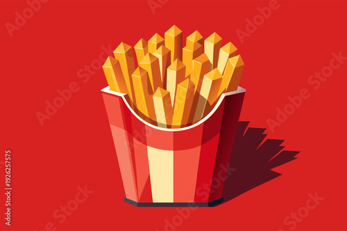 Crispy golden french fries in red container on vibrant red background with dramatic shadow highlighting delicious snack