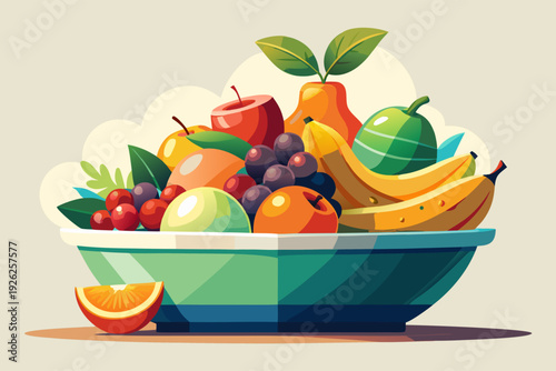 Vibrant still life of fresh fruits in a bowl featuring apples, bananas, grapes, pear, and citrus against a soft background