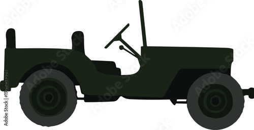 Vintage military jeep silhouette vector illustration, classic off road vehicle side view, army transport car flat design