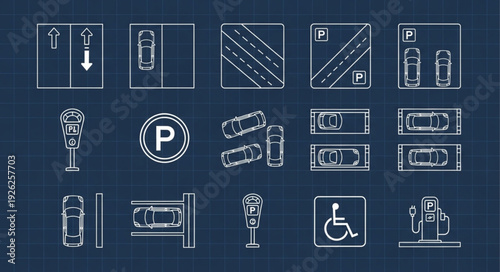 Collection of various parking signs and symbols for traffic and road navigation.