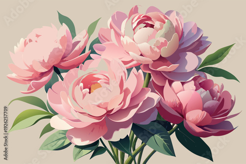 Vibrant pink peonies in full bloom with lush green leaves on beige background capturing nature's vivid beauty and elegance