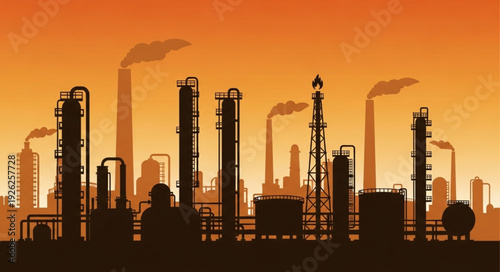 Silhouette of an industrial complex with smokestacks against an orange sky.