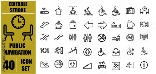 Collection of public navigation and accessibility icons in linear style