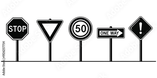 A clear vector graphic illustration featuring a collection of essential black and white road signs for traffic guidance and warnings.