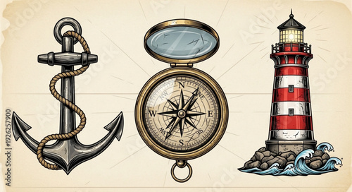Nautical themed illustration featuring anchor, compass, and lighthouse on a vintage background.