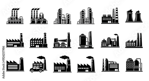 Industrial factory silhouettes in black and white, representing manufacturing and production.