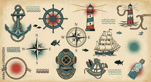 Nautical themed collection of various maritime symbols and elements for design.