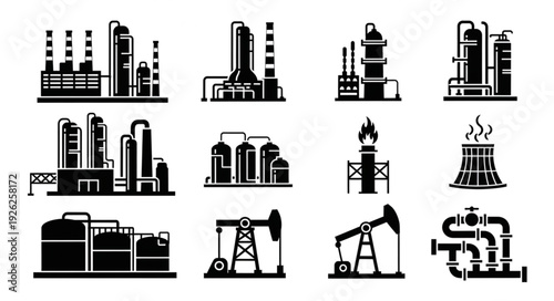 Industrial complex silhouette collection representing oil and gas production.