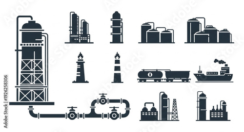 Industrial refinery plant silhouette collection, representing oil and gas processing.