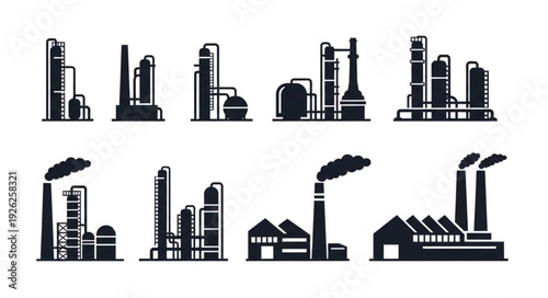 Industrial plant silhouettes representing factories and manufacturing processes in black and white.