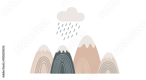 Abstract boho landscape featuring a group of stylized mountains and a single cloud raining down simple drops.