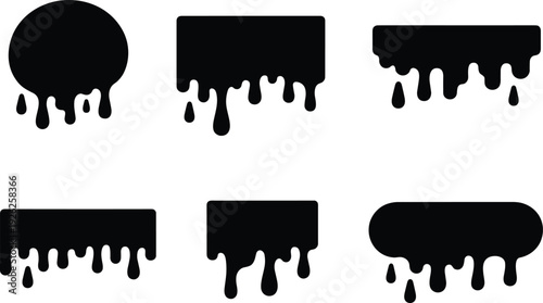 Dripping paint and liquid splash silhouettes set, black horror drip frames isolated vector illustration for grunge design