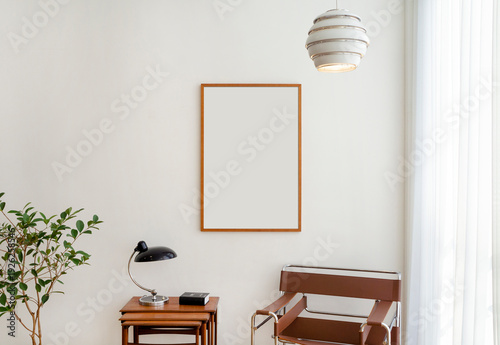 Cuadro en lienzo Large Wooden Frame Mockup, Mid century modern interior, Living room