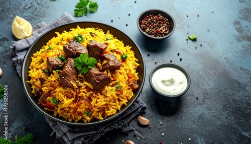 Homemade Beef Biryani with yogurt dip. Space for text