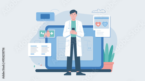 A doctor in a white coat stands in front of a large laptop with medical information on the screen