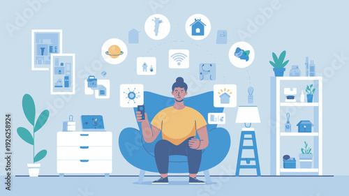 A man sitting comfortably in a blue chair, surrounded by smart home devices and icons, controlling his home with a smartphone.