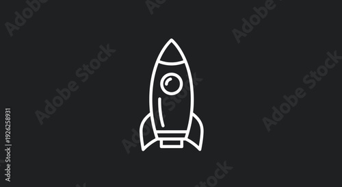 Simple White Line Art Rocket Ship Icon on Black Background.