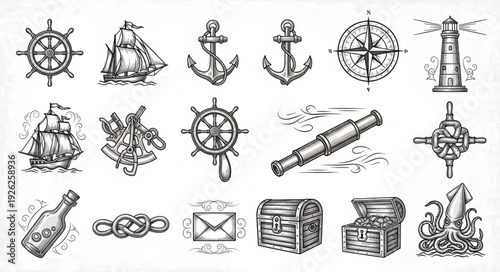 Collection of nautical themed illustrations featuring ships, anchors, and compasses.