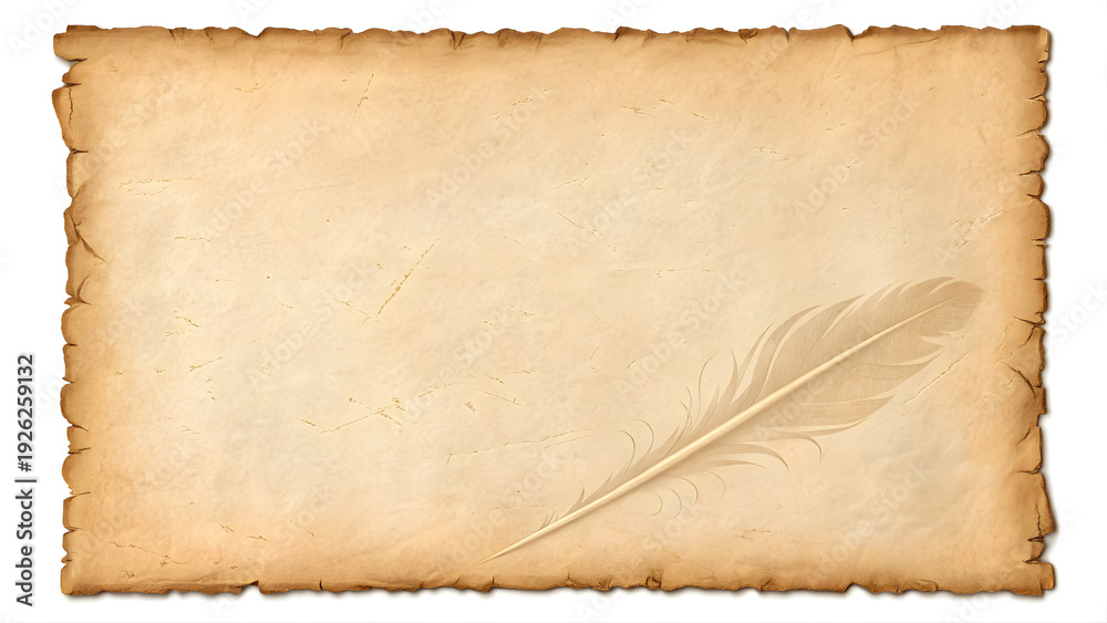 Fototapeta premium An antique parchment featuring a delicate grey feather resting on its surface.