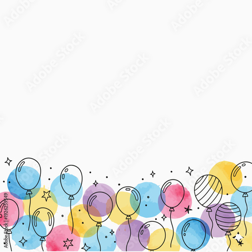 Colorful balloons and stars on white background festive party decoration with vibrant hues and whimsical illustration style