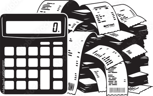 Calculator and stack of receipts silhouette illustration, accounting vector line art
