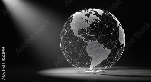 Global business expansion concept, abstract globe made of geometric lines, dark luxury backdrop, spotlight effect, presentation ready