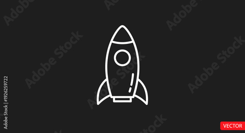 Simple White Rocket Ship Icon on Black Background.