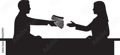 Man handing over money to woman at counter vector silhouette illustration business line art