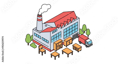 Industrial Factory Building with Trucks.