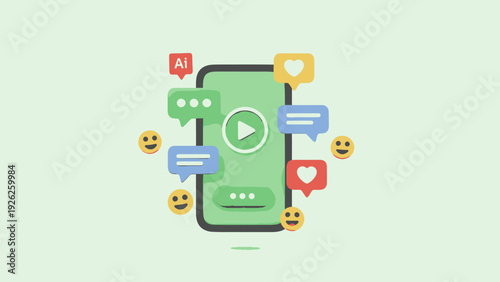 Smartphone displaying video with social media icons and emojis.