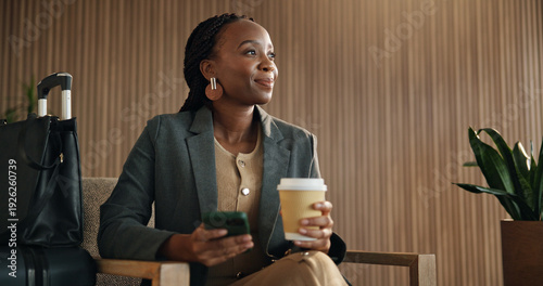 Thinking, phone and business black woman in airport lounge for flight tracking, layover update and coffee. Communication, boarding schedule and vision with person and drink in vip lobby for travel