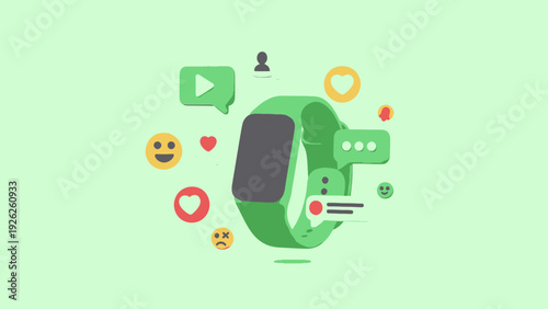 Smartwatch with social media icons and notifications.