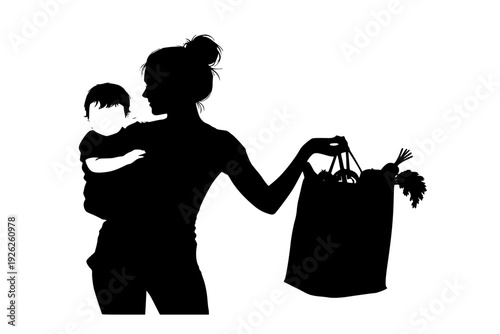 Multitasking Mother Carrying Child and Bag Silhouette Vector for Modern Mom and Busy Lifestyle Concept