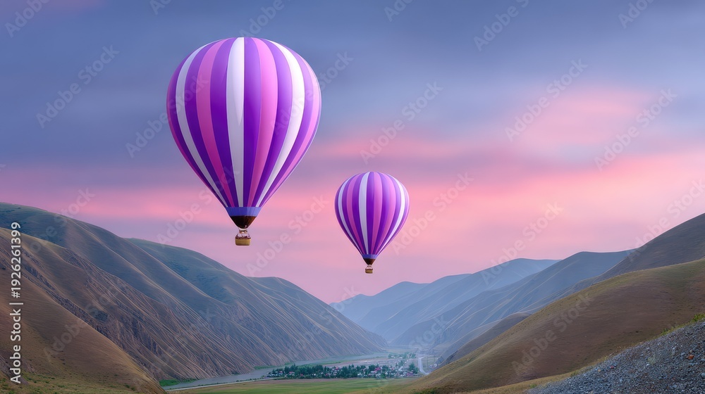 Fototapeta premium Colorful hot air balloons soaring over majestic mountains at dawn with serene skies, peaceful landscape and warm hues creating a picturesque travel scene