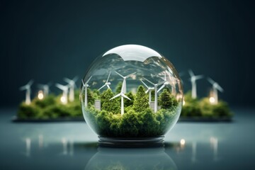 Ecosystem with wind turbines within a clear glass lightbulb symbolizing renewable energy and environmental conservation