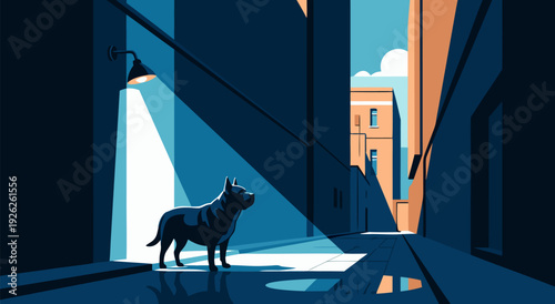 Vector Illustration of a Contemplative Dog in a Dimly Lit Urban Alleyway with Dramatic Lighting and Moody Atmosphere