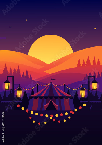 Vector Illustration of Nighttime Campsite with Colorful Circus Tent, Rolling Hills, and Glowing Lanterns