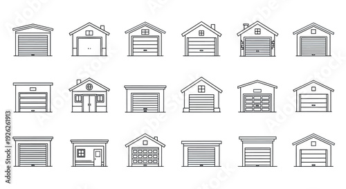 Garage Door and House Exterior Line Icons
