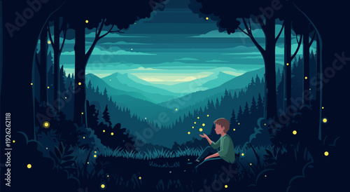 Serene Redhaired Girl in Forest with Fireflies, Vector Illustration Night Scene Captures Childhood Wonder