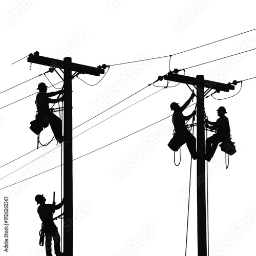 Linemen utility workers silhouette repairing power lines on electrical poles with safety harnesses and hard hats, teamwork maintenance service on overhead grid