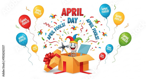 April fools' day concept with clown in box balloons and laptop celebrating prank and joke