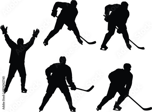 Set of black silhouettes featuring ice hockey players in action, athletes skating for winter sports competition, and teamwork