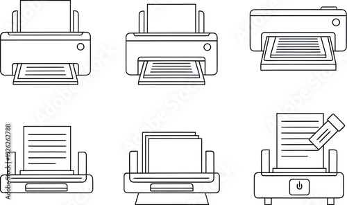 Printer Line Icons Set – Office Printing Machine and Document Equipment Vector Collection