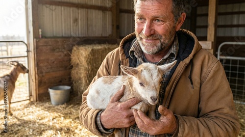 Farmer holding newborn goat in arms and smiling in barn  