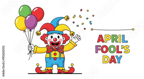 Colorful clown with balloons celebrating april fool's day on white background with confetti