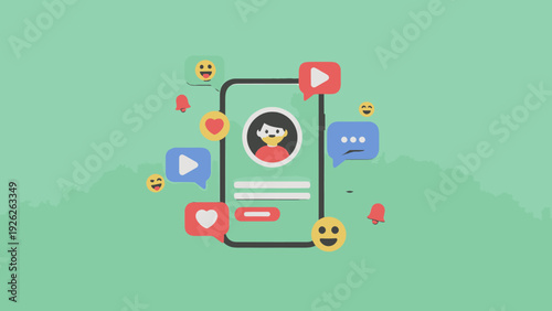 Social media profile and engagement icons on phone screen.