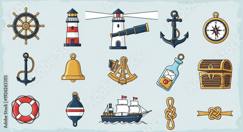 Nautical themed collection of various maritime symbols and objects.