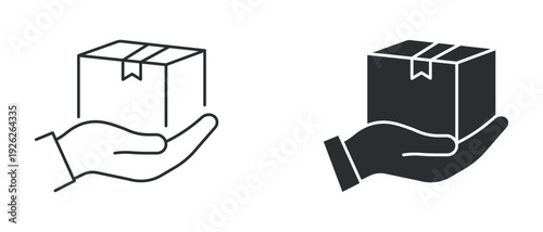 Package in hand icon set, safe delivery symbol, parcel handling sign, shipping service vector illustration
